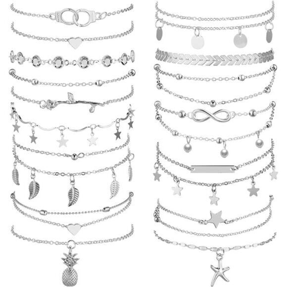 16Pieces Ankle Bracelets 14K for Women Anklets Set Silver Gold Boho Beach Anklet - Picture 1 of 7
